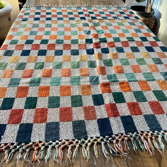 Woven Throw Blanket Checkered Multicolor Fringe 58" x 46.5" - Picture 1 of 16